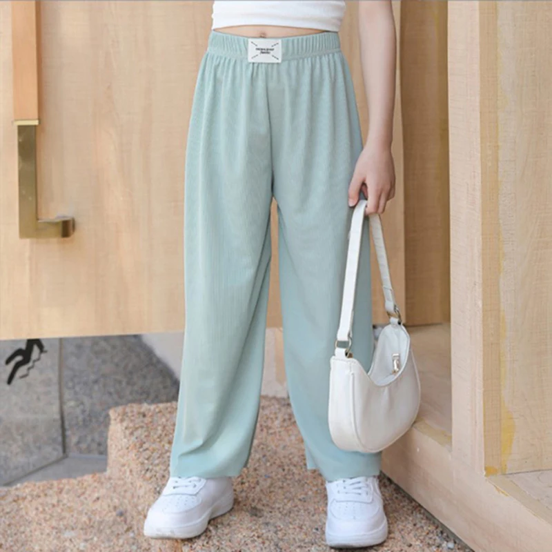 Solid Color Summer Thin Pants for Kids Girls Loose Casual Pants for Sweet Princess Children Home Party School Straight Pants