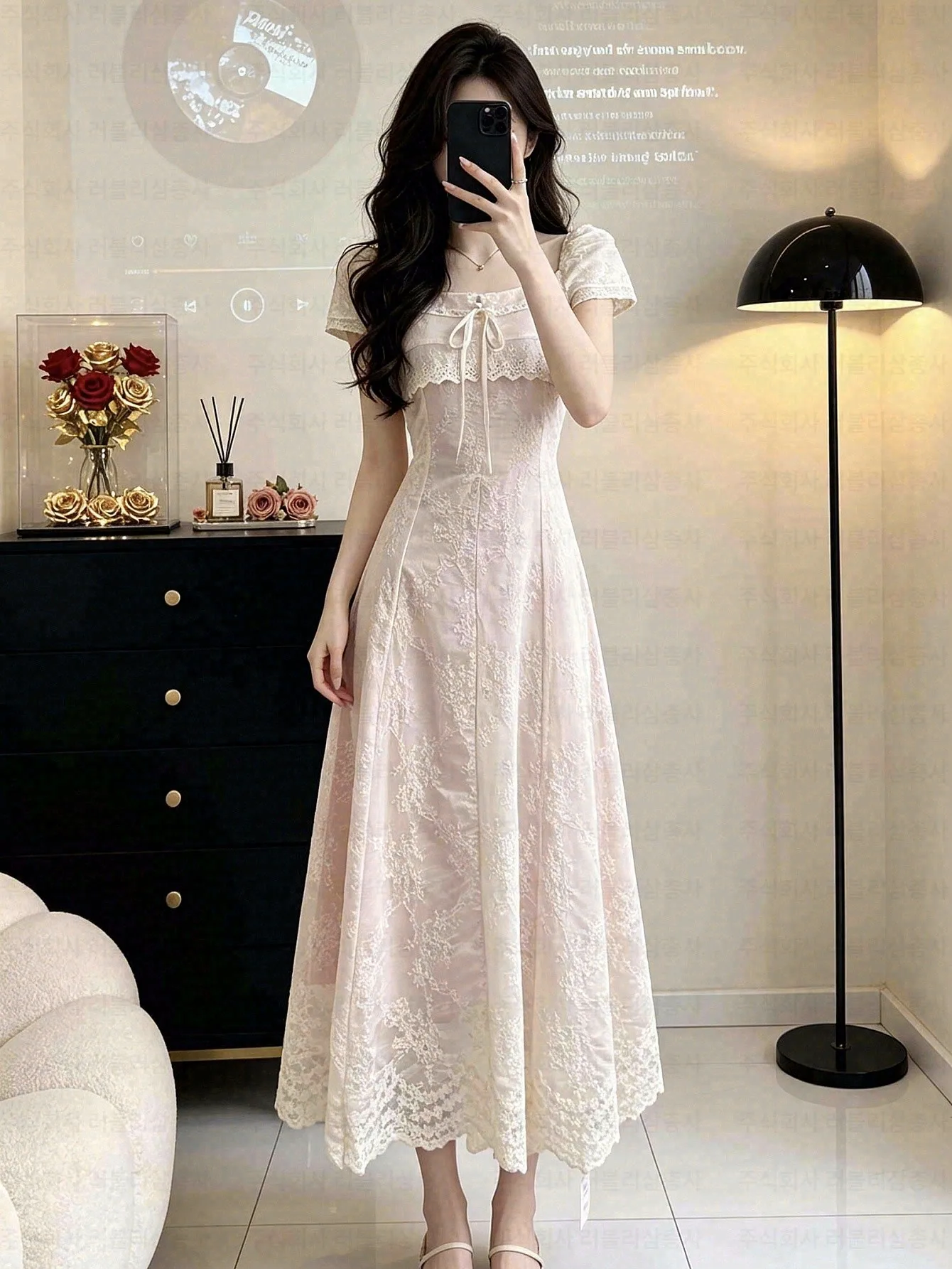 Liangziwu Pink Tea Party Summer Lace Splicing Embroidery Long Skirt A- Line Waist Dress