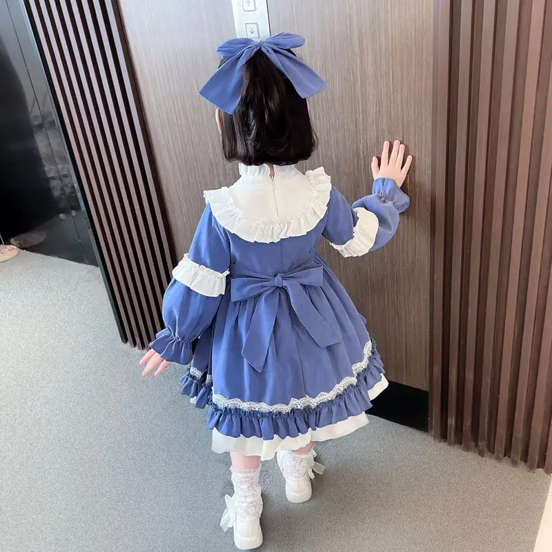 2024 Elegant Fashion Harajuku Slim Fit Children Clothes Loose Casual All Match Princess Dress Solid O Neck Long Sleeve Dresses