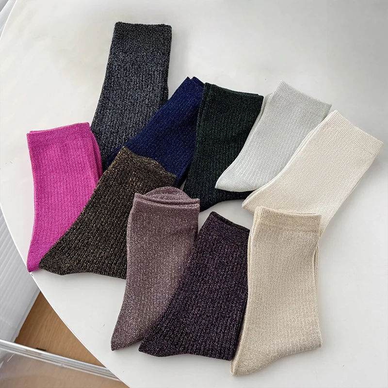 1 3 5 paar Dames Glitter Metallic Garen Gestreepte Sokken Halfhoge Kuitsokken Glinsterende Mode Sokken Sexy Casual Dagelijks gebruik Vier seizoenen