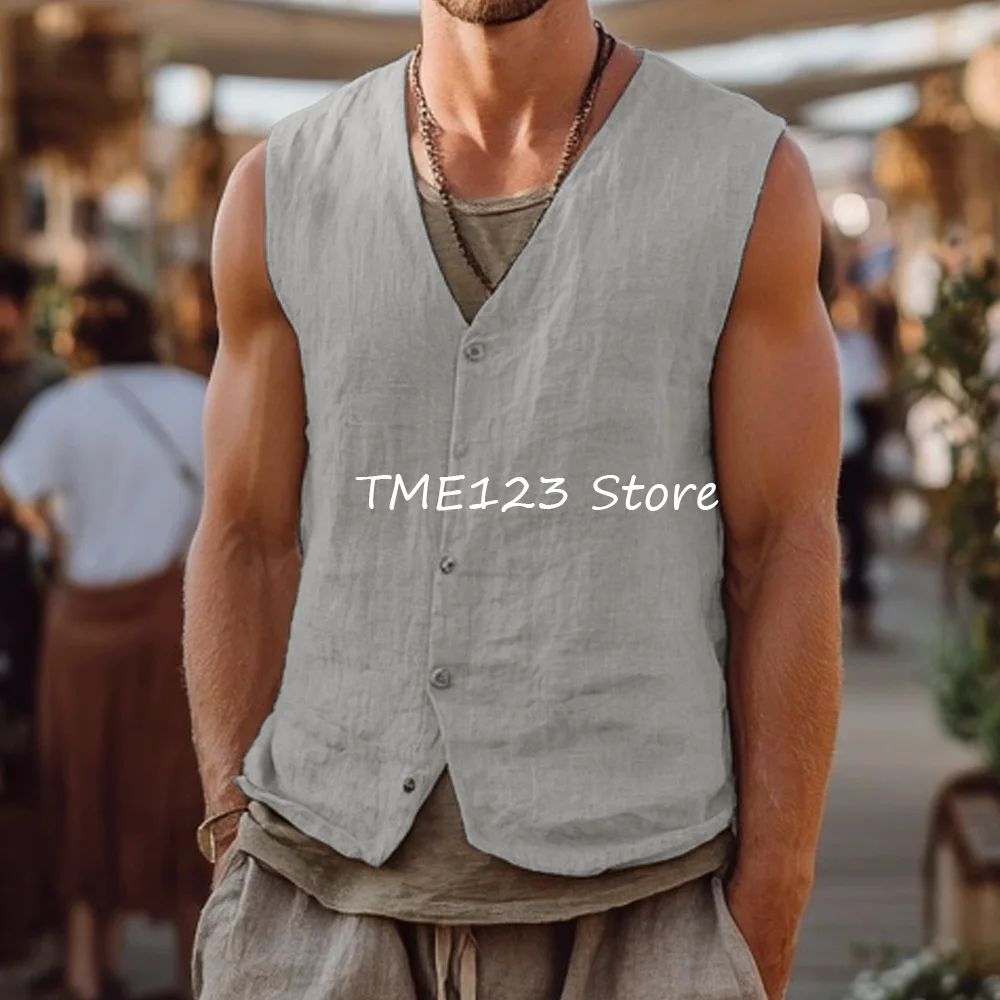 NONE Dünne Arbeitsweste Veston V-Ausschnitt Gilet Männer Leinen Mode Anzug Einreiher Westen Mann Casual Weste für Mann Anzüge Blazer 4