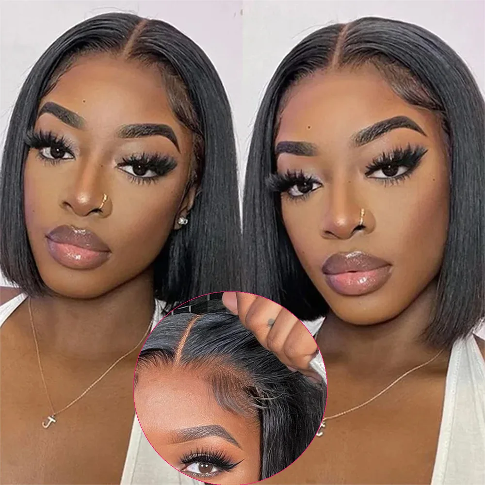 

Wear And Go Glueless Bob Wig Human Hair 4x4 HD Transparent Lace Closure Wig Beginner Friendly No Gel No Glue Lace Front Bob Wigs