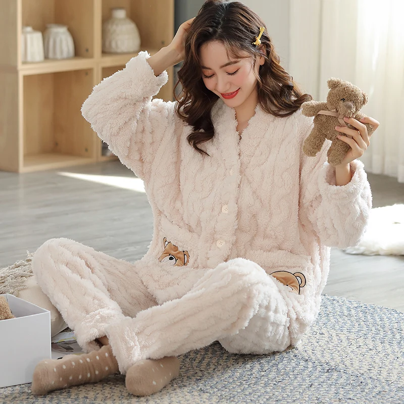 Korean Fashion Winter Coral Fleece Nightwear for Women V Neck Kimono Sleepwear 2Pcs/set Pajamas Young Girl Loungewear Mujer image 2