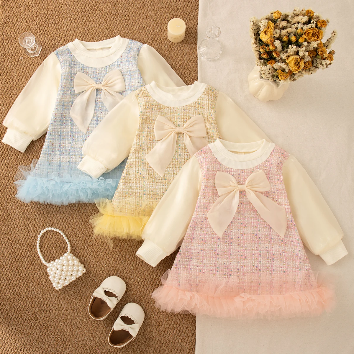

Spring And Autumn New Sweet Bow Baby Girl Dress, Korean Style Children'S Long Sleeve Clothes (9 Months -3 Years Old)