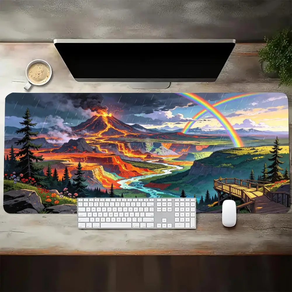 Volcano Rainbow Fantasy Landscape Play Mat Large Size Smooth Cloth Surface Non Slip Rubber Base For Gaming Desk Decor