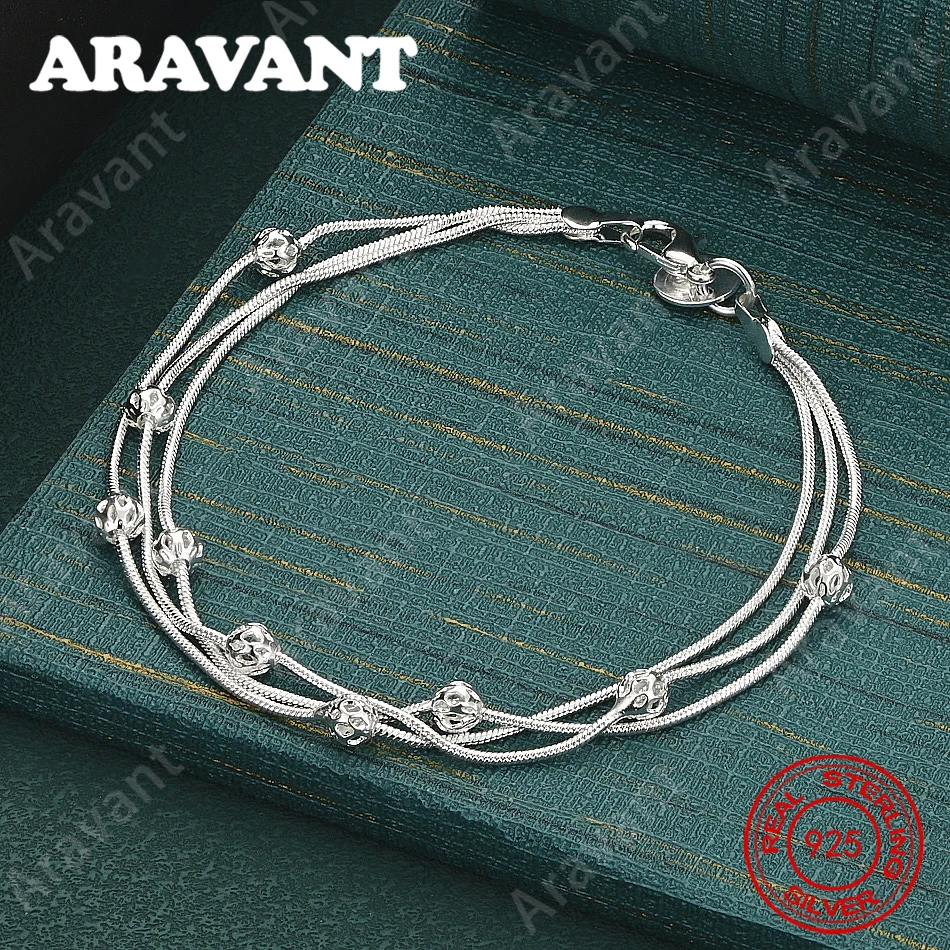 925 Sterling Silver Three-Layer Snake Chain Bracelet With Mesh-Textured Round Beads – Women'S Jewelry Gift