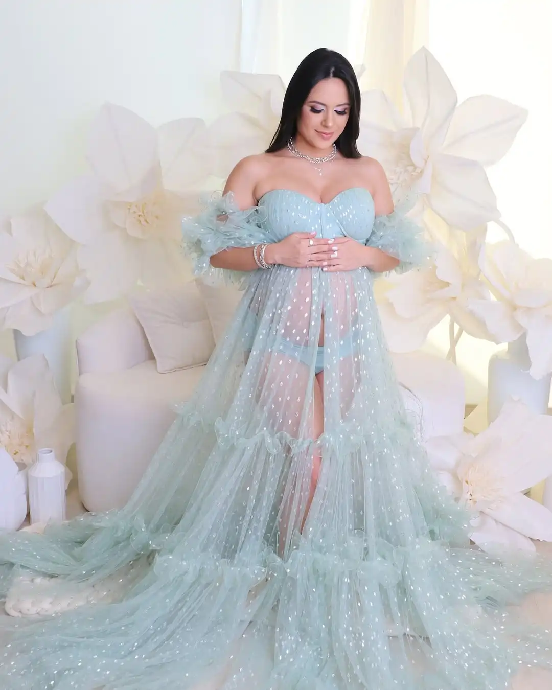 Abiti premaman in rete glitterata Abiti premaman in tulle con scollo a cuore senza spalline Abito fotografico per gravidanza con spacco frontale trasparente