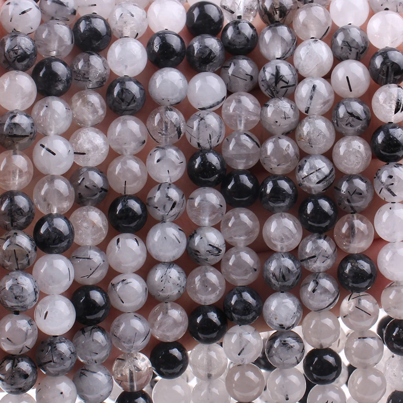 Zhe Ying Genuine Natural Black Rutilated Quartz Beads Round Loose Gemstone Beads for for Jewelry Making DIY Bracelet Necklace