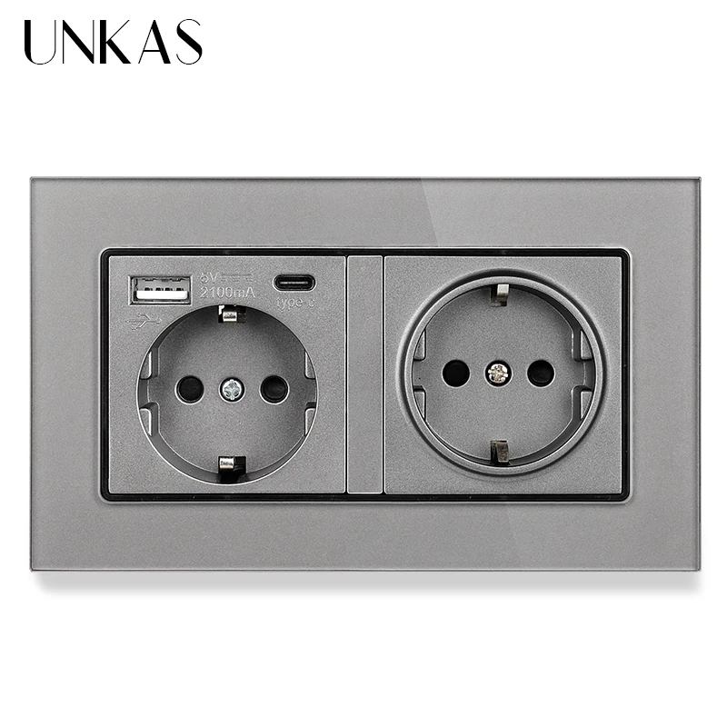 

Wall-Mounted glass panel 16A power socket, EU standard multi-plug, with 2 USB charging ports, hidden LED indicator