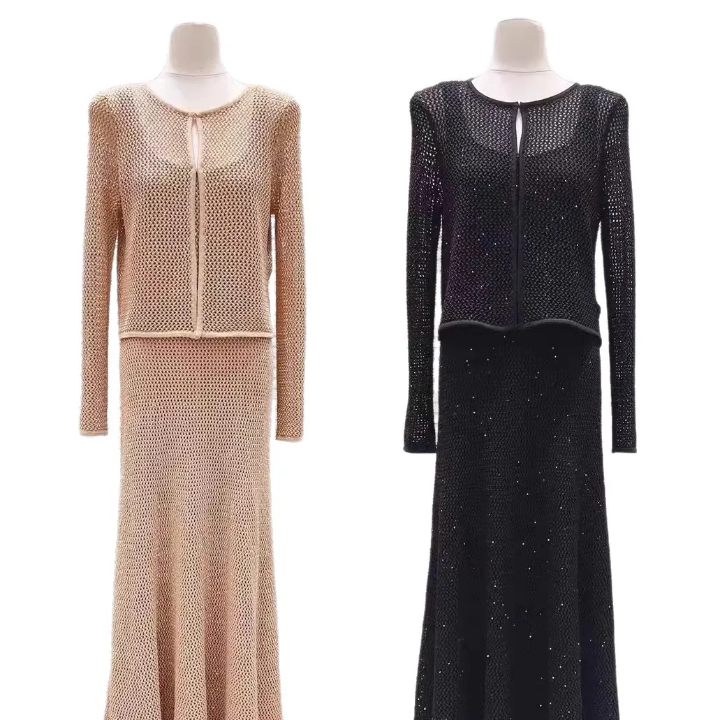 

Ladies' Sequin Decoration Set Hollow Out Long Sleeved Round Neck Knitted Cardigan + Sleeveless Camisole Dress Fashion Suit