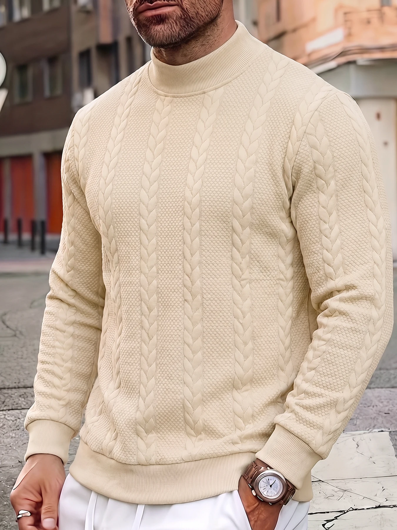 Men's High Neck Cable Knit Pullover Soft Warm Fabric Long Sleeve Ribbed Cuffs and Hem Smart Casual Winter Sweatshirt Top for Men