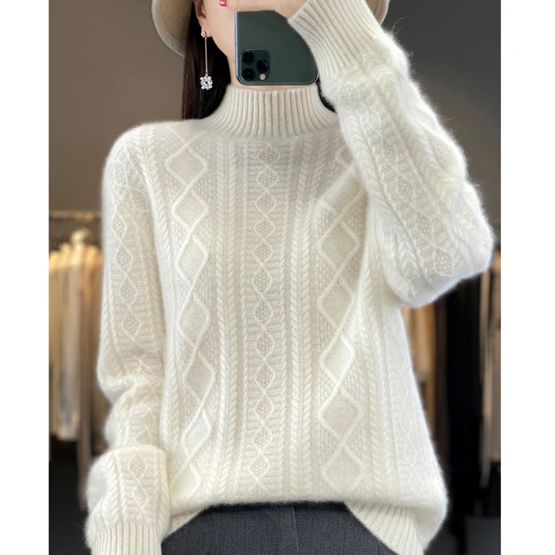 Merino Thickened Wool Sweater Half High Collar Twisted Flower Knitted Pullover Women\'s Wool Knitted Solid Color Top Winter