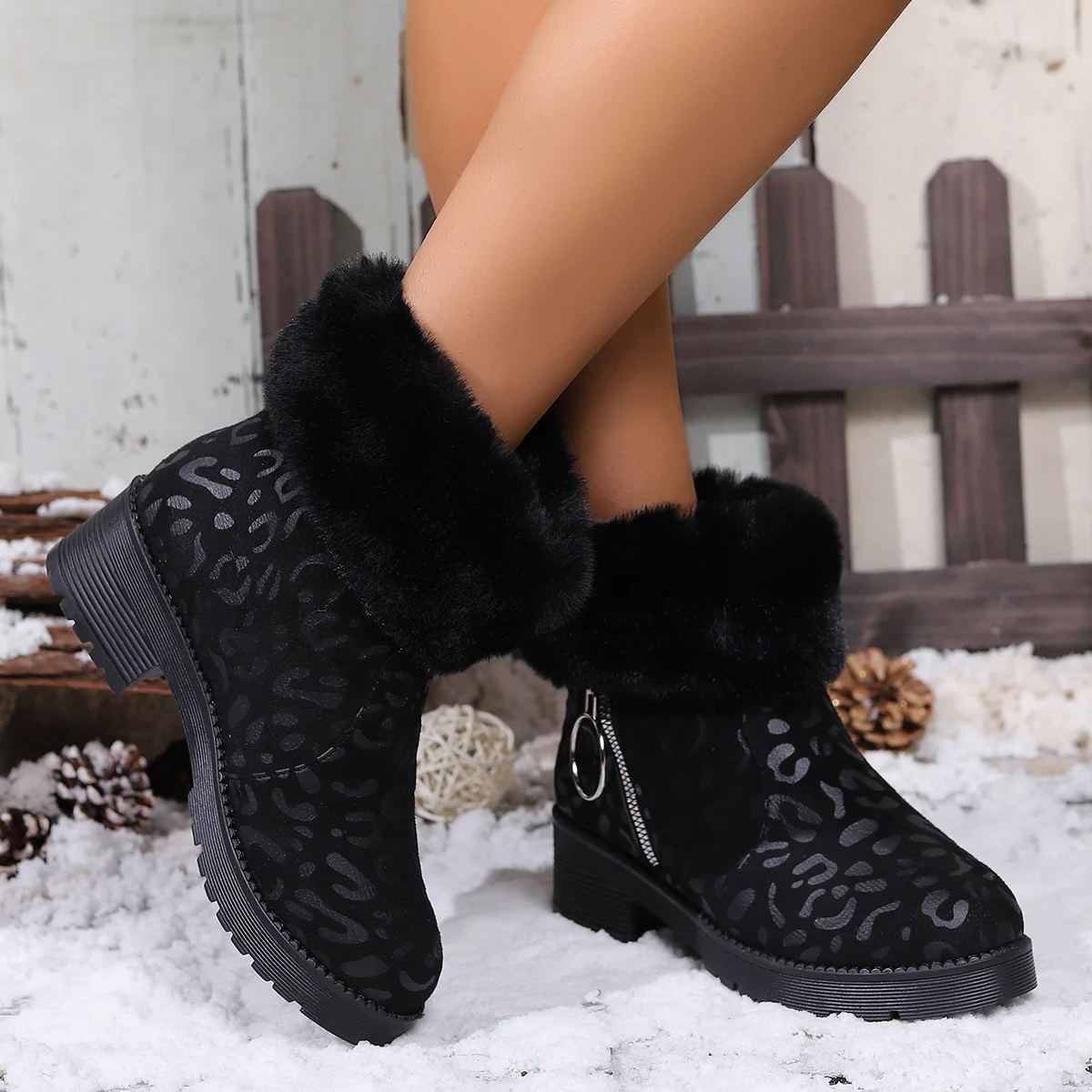 النساء حذاء من الجلد ليوبارد منصة الشقق أحذية الثلوج قصيرة أفخم الدافئة 2025 مكتنزة الشتاء سستة أحذية النساء جديد Zapatos De Mujer