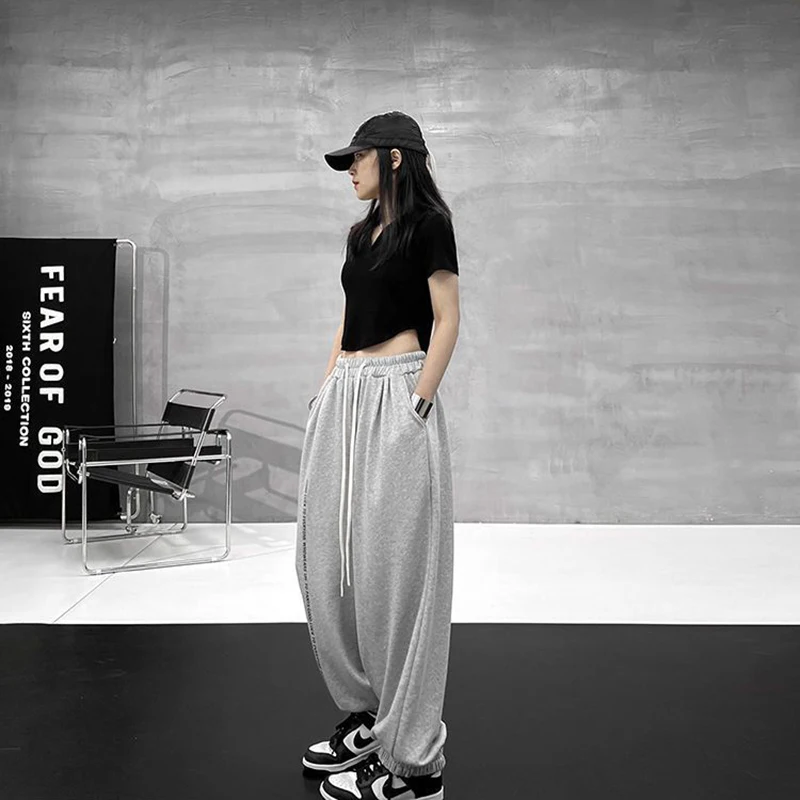 MEXZT Y2K Black Joggers Sweatpants Women Hip Hop Letter Print Wide Leg Pants Streetwear Oversized 2Xl Drawstring Trousers Bf