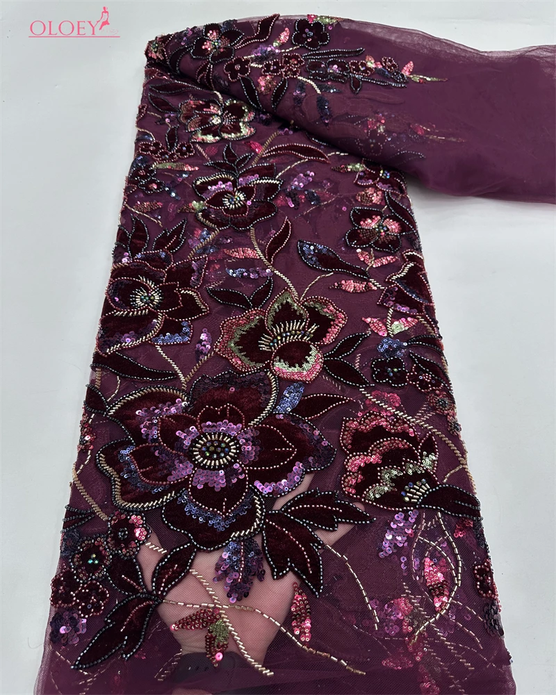 OLOEY  Luxury Velvet Lace Fabric Beaded High Quality Nigerian Beaded Lace Fabric Fashion Sequins African Laces Fabric For - Image 6
