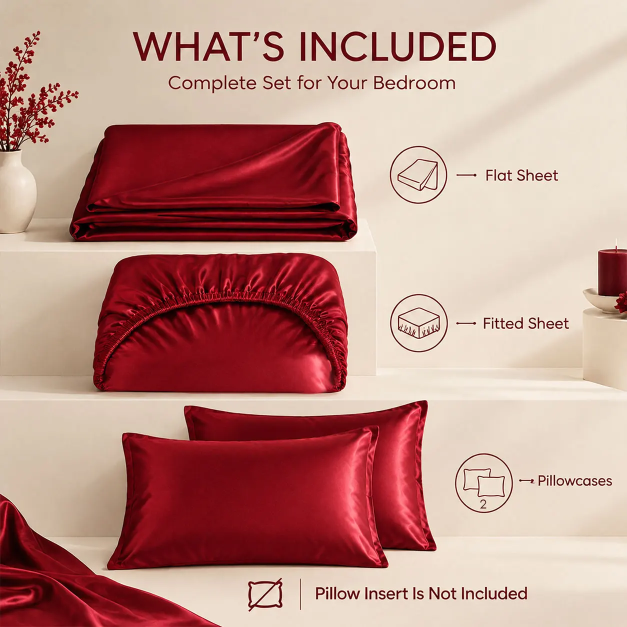 Burgundy Satin Bed Sheet Set, Luxury Silky Smooth Solid Color Bedding, Deep Pocket Fitted Sheet, Flat Sheet & Pillowcases, Soft Comfortable Sheets for Bedroom, Queen King Full Twin Size, Elegant Home Decor, Cozy Guest Room Bedding