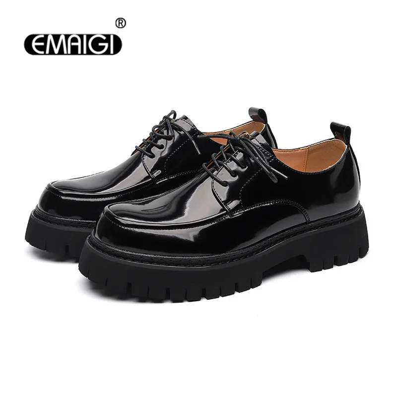 Men Business Casual Platform Thick Sole Lacquer Leather Elevator Shoes Male Streetwear Fashion Vintage Wedding Dress Shoes