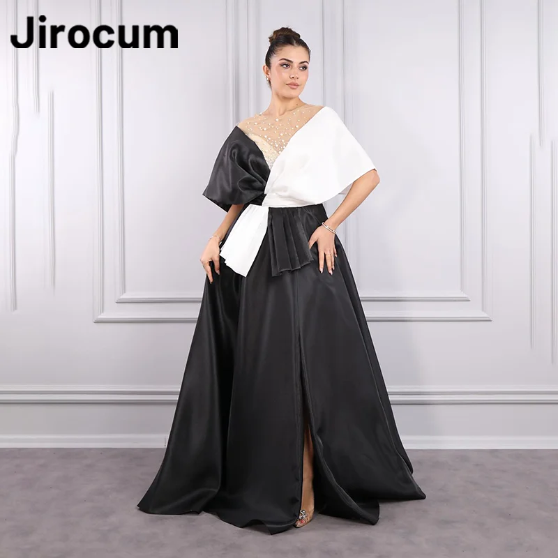 Jirocum-vestidos de graduación de Arabia Saudita con cuello redondo para mujer, vestido de noche de fiesta con cuentas blancas y negras, largo hasta el suelo, línea A, vestido Formal para ocasiones