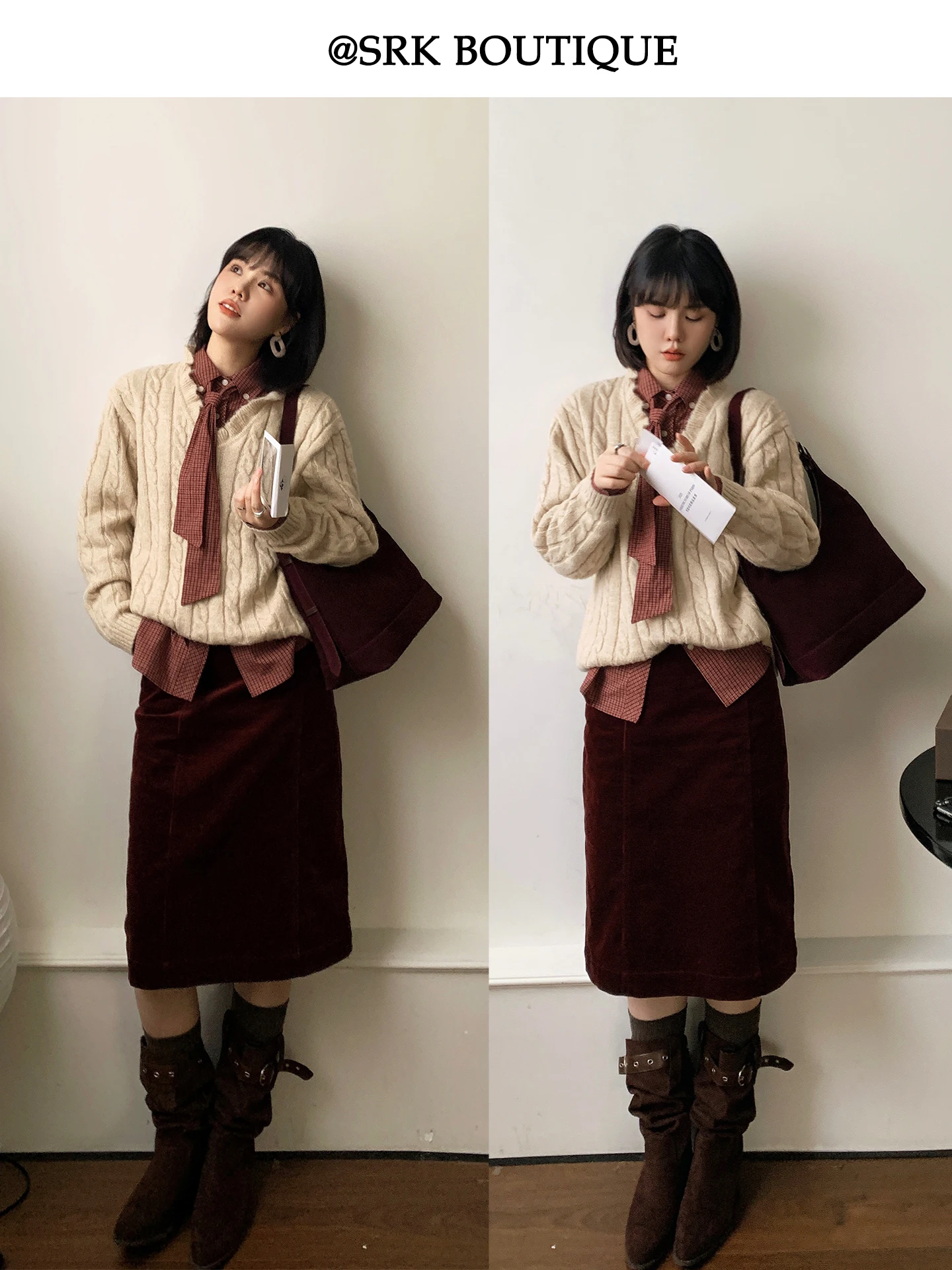 SRK 빈티지 체크무늬 셔츠 디자인 센스 사시 안티에이징 우아한 패션 레이어드 긴팔 탑 여성 캐주얼 루즈핏 코튼 린넨 블렌드