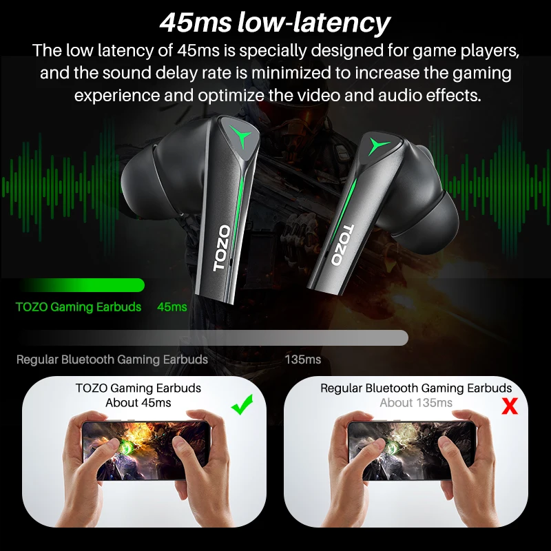 TOZO G1 45ms écouteurs de jeu à faible latence reconditionnés écouteurs sans fil Bluetooth casque 20-40KHz son basse Gamie musique double Mode