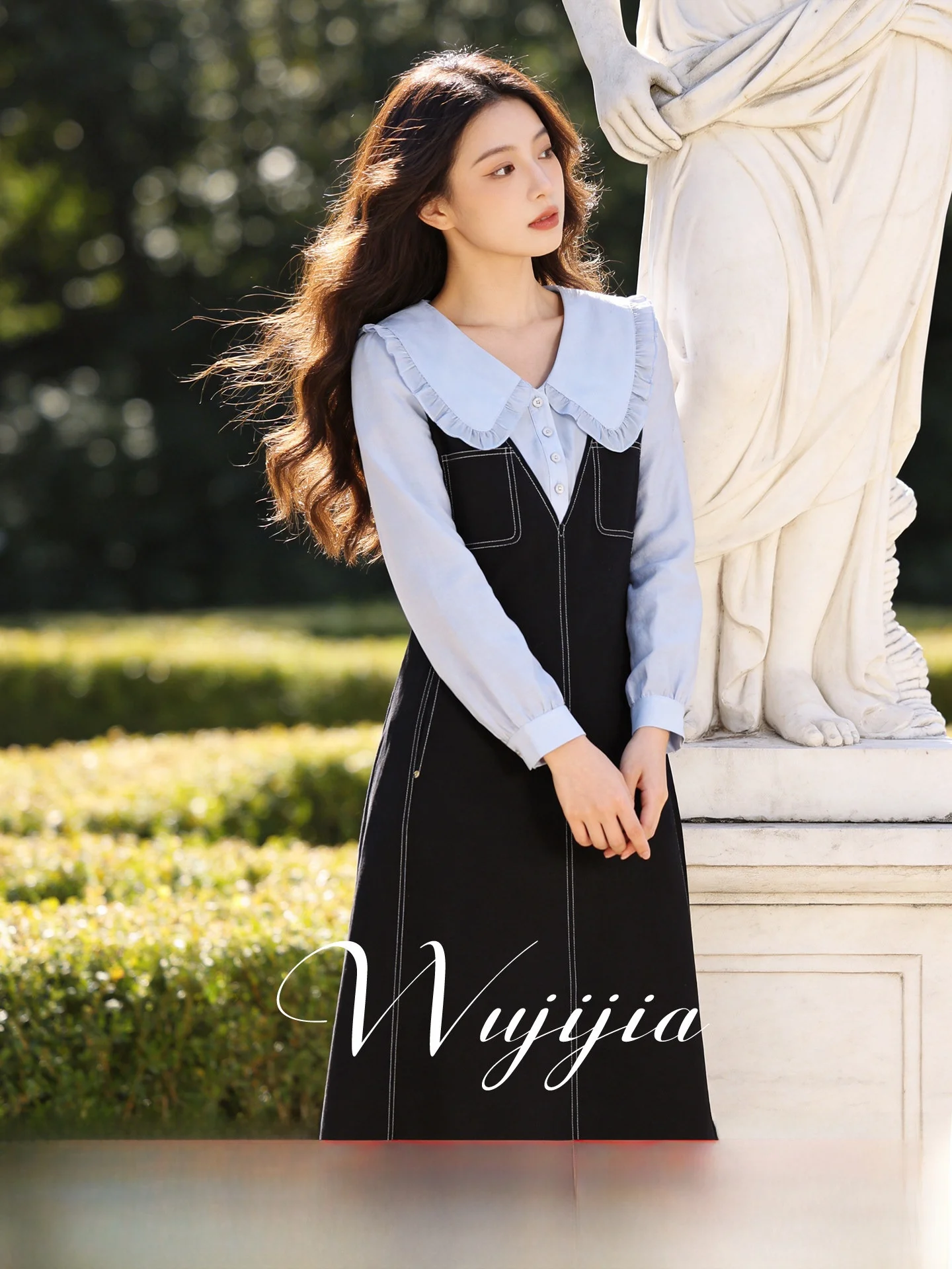 

Женское платье больших размеров, весна 2026, новая модель, с воротником «кукла», с завышенной талией, приталенное, для офиса, А-силуэт, из полиэфирного волокна