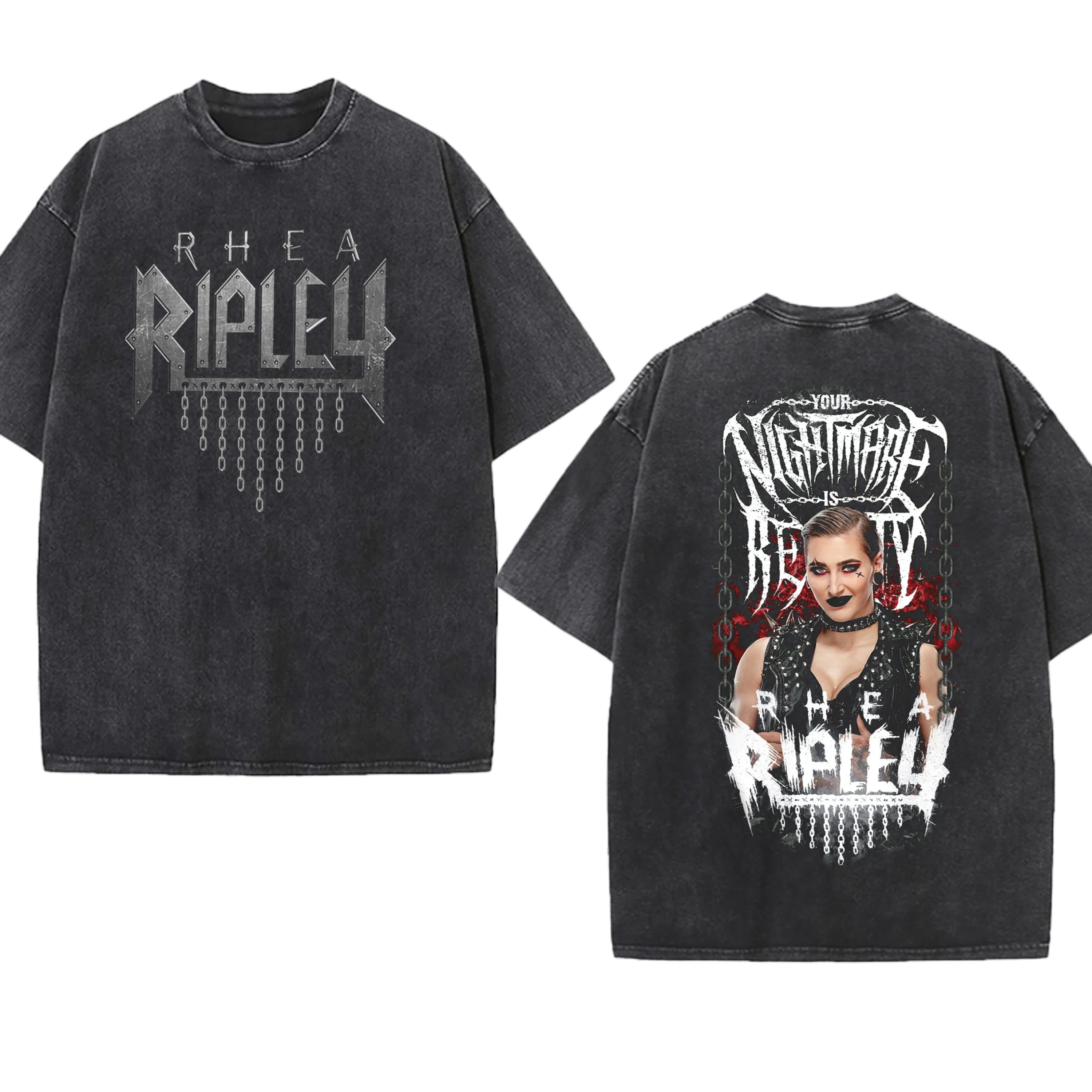 Rhea Ripley WWE Ripley Girls' Graphic washed T-Shirt Hip Hop Oversized Streetwear Vintage Printed  Sleeve T Shirt Cotton Tops