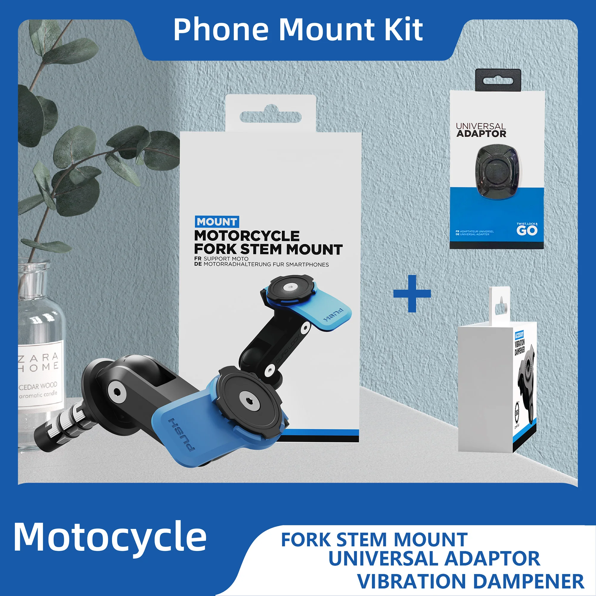 

Motorcycle Phone Mount Kit-Fork Stem Mount and Universal Adaptor and Vibration Dampener