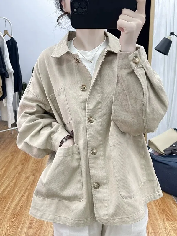 Authentic 2025 Autumn New Style Thin Pure Cotton Loose Women's Jacket Casual Loose Fit Cotton Outerwear Versatile Top