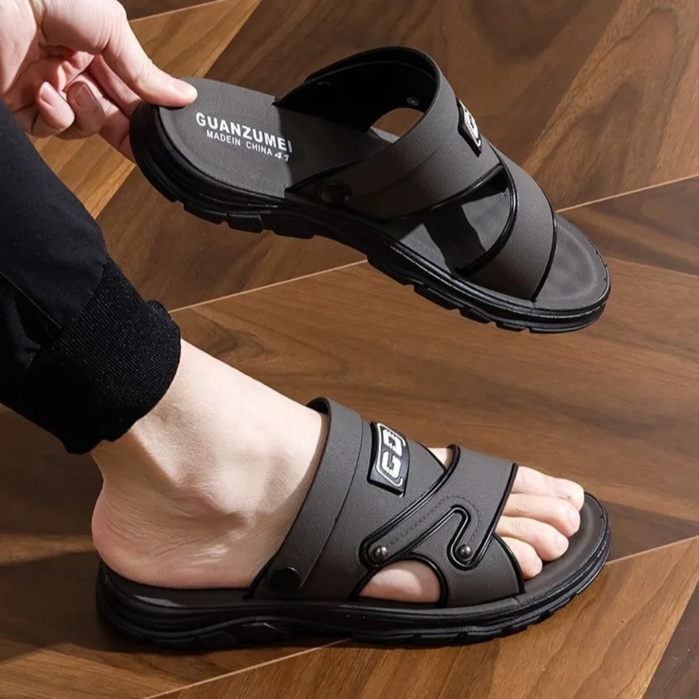 

Soft Solid Thick Soled Slippers PU Leather Anti Slip Slides Sandals Men Beachwear Shoes Ankle Buckles Sandals Male