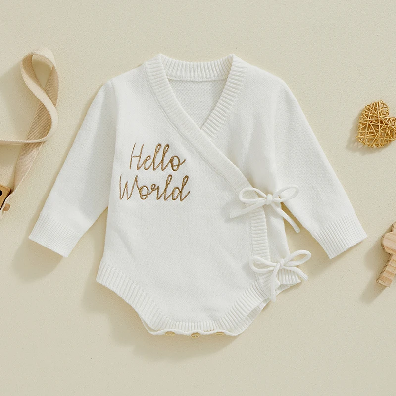 Baby Girls Sweater Romper Letter Embroidery Tie up Long Sleeve Jumpsuits for Newborn Infant Toddler Fashion Clothes