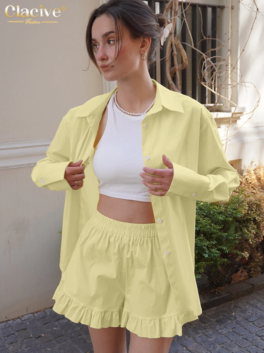 

Clacive Casual Loose Yellow Cotton 2 Piece Sets Woman Outfit 2025 Elegant Long Sleeve Shirt With High Waist Shorts Set Female