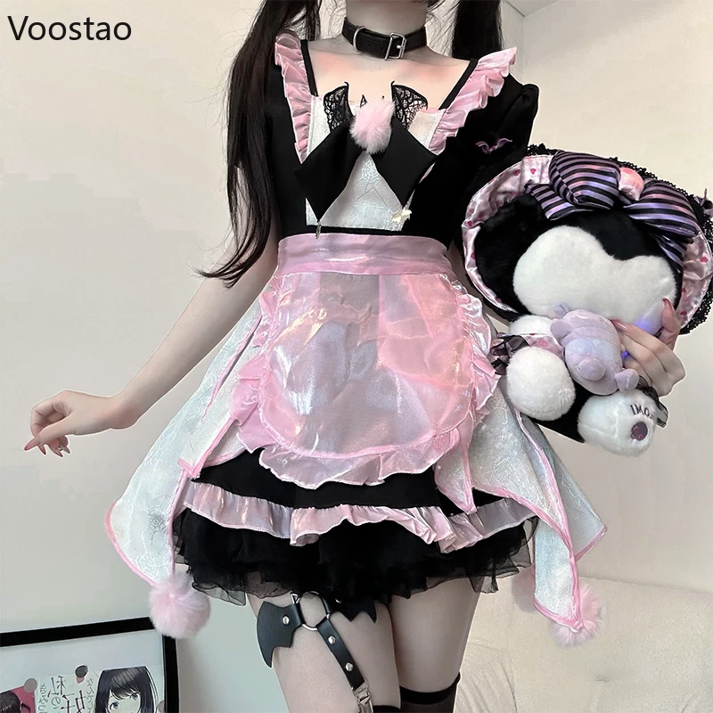 Gothic Lolita Women Party Dress Sexy Little Bat Maid Cosplay Costumes Black Pink Home Pajamas Halloween Role Play Uniform Set