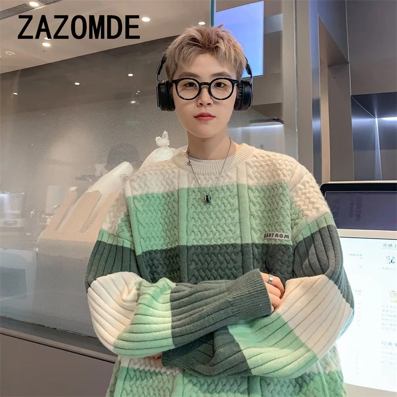 ZAZOMDE Striped Knit Sweater Men Autumn Winter New Style Japanese Vintage Trendy Brand Casual Pullover Knitted Top Clothing Men