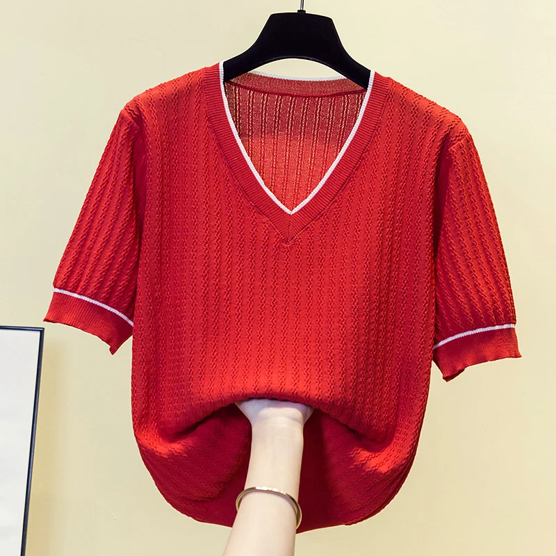 Vintage Knit Sweater T-shirt Women 2024 Summer Striped Elegant Fashion Ladies Knitwear Tee Short Sleeve O-neck Jumper Y2k Top