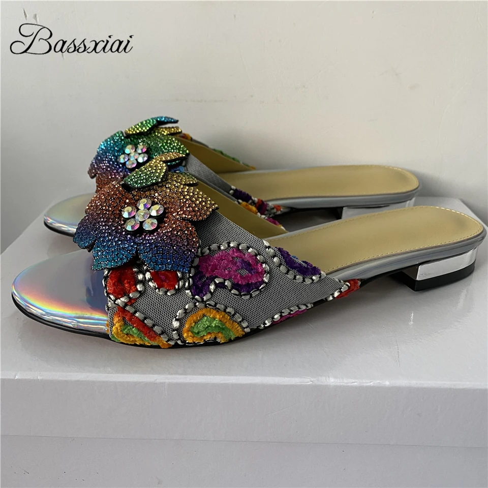 Embroidery Air Mesh Flat Heel Slippers Women Colorful Diamond Rhinestone Flower Decor Slim Summer Mules For Girls