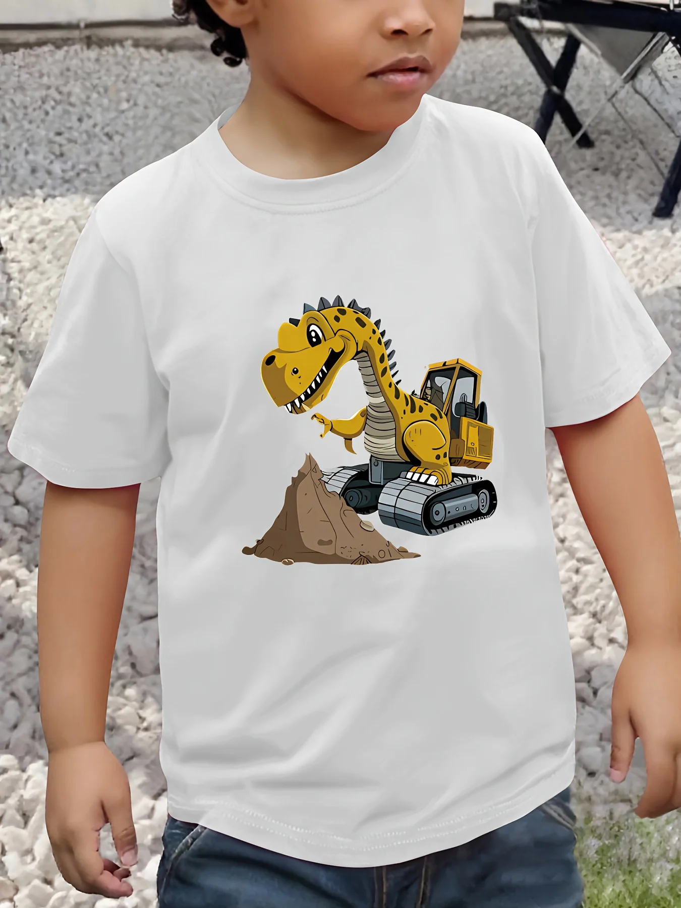 Cute Dinosaur Excavator Cartoon Construction Graphic Kids T Shirt Boys Girls Family Matching Summer Crew Neck Short Sleeve Tee