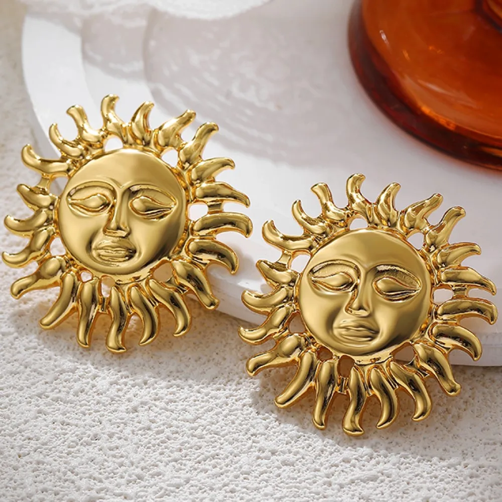Pendientes celestes abstractos impermeables de acero inoxidable con cara de sol para mujer, elegantes y brillantes chapados en oro de 18 quilates, regalos de joyería llamativos