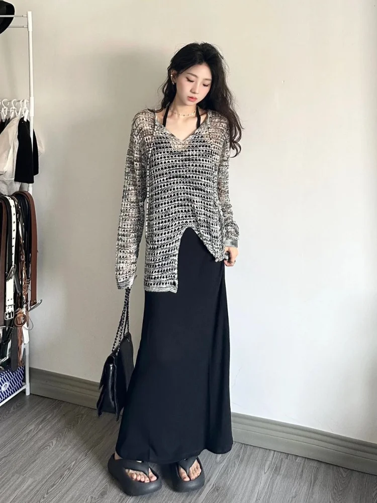 V-neck Long Sleeve Sets Women Korean Style Hollow Out Tops Baggy Knitted Solid Simple Casual High Street Summer Holiday Trendy