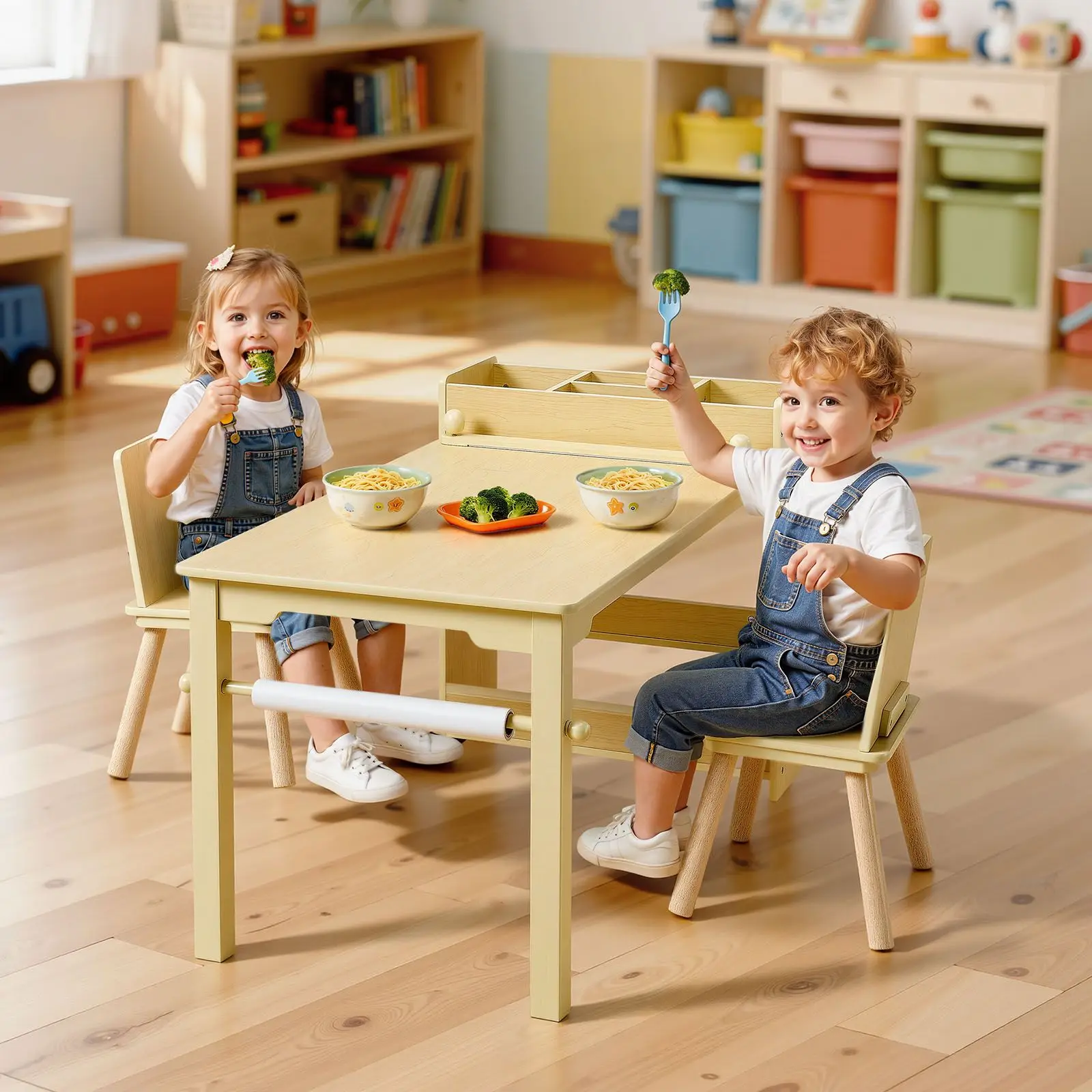 Kids Art Table and Chair Set, Toddler Craft with 3 Tiers Storage Cabinet, Wooden Activity Play Desk 2, for Reading, Learning