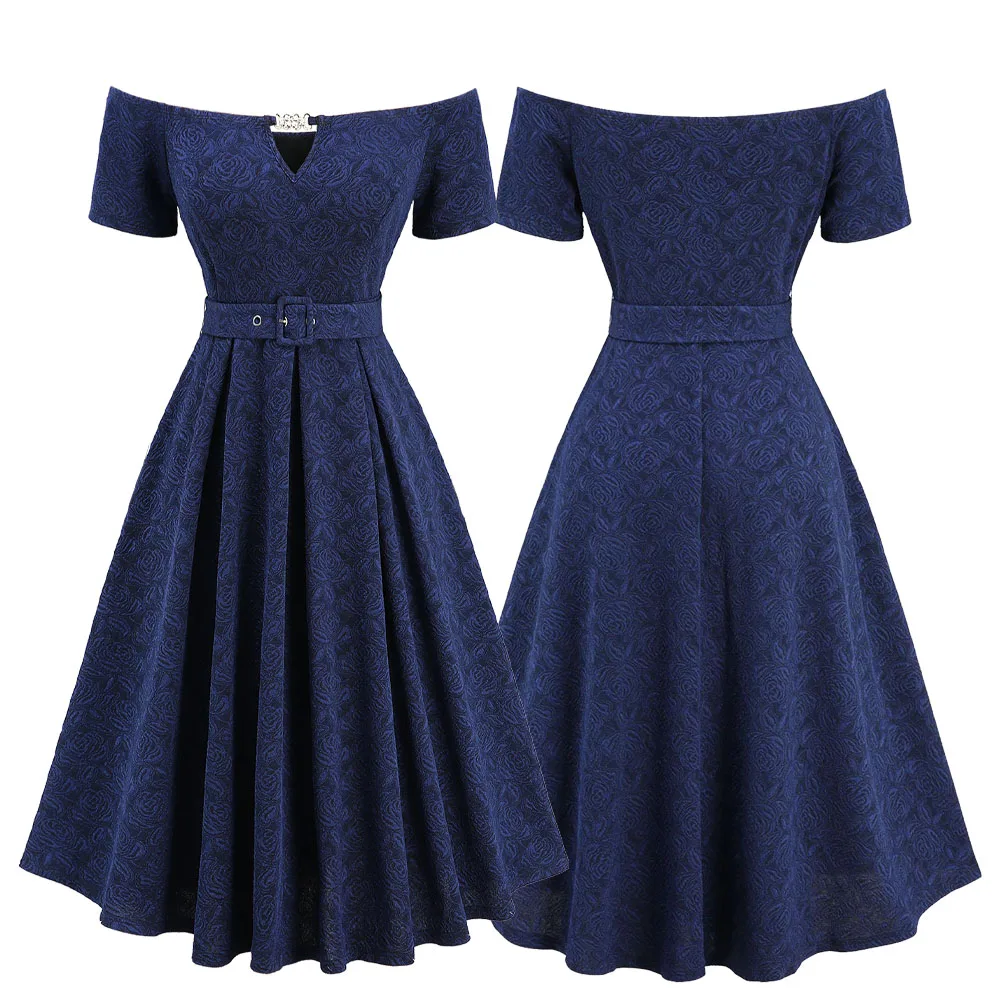 ROSEGAL Plus Size Vintage Dresses New Blue Flower Jacquard Embroidery Dress with Belt,Women Semi Formal,Off The Shoulder Dress