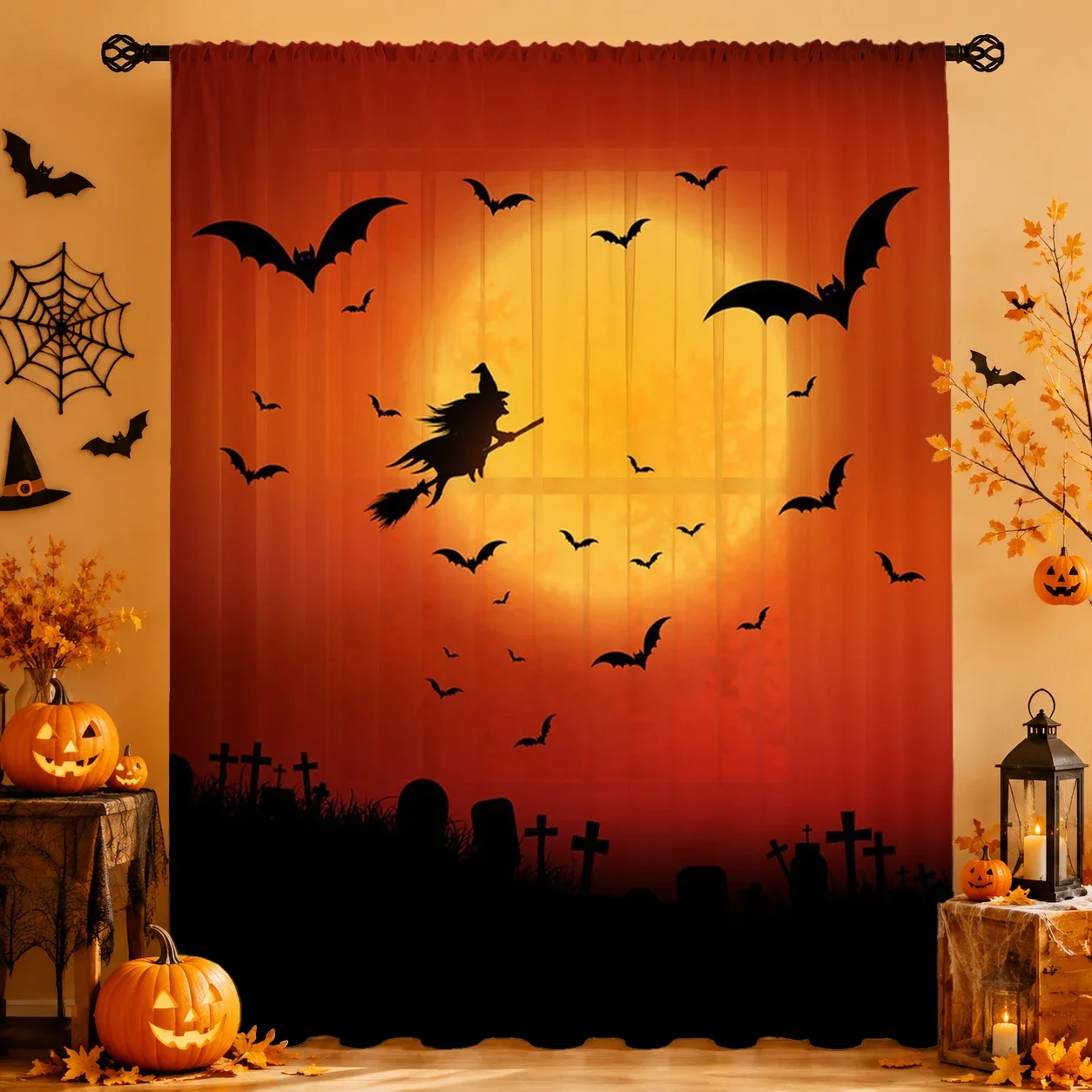 Halloween Festival Sheer Curtain, Good Quality Light Reducing Privacy Voile for Living/Bedroom/Kids Room,Mother's Day Gift