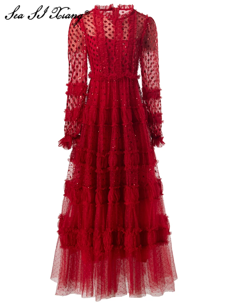 Seasixiang Fashion Designer Summer Mesh Sequins Dress Women's O-Neck Lantern Sleeve Ruffles Red Vintage Long Dresses