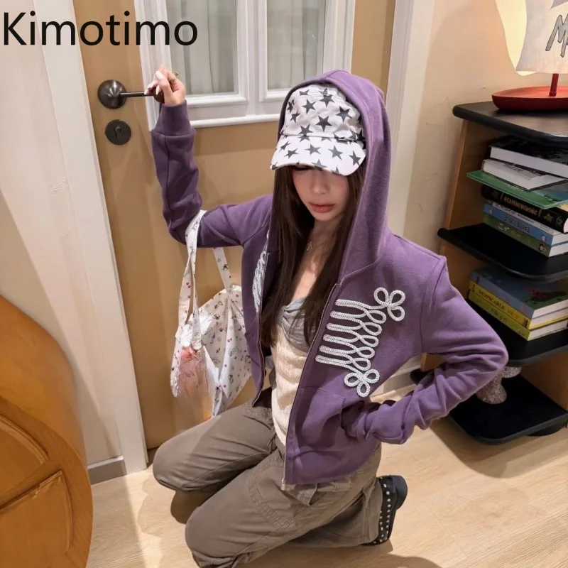Kimotimo Purple Hooded Jacket Women Autumn Winter Retro Slim Fit Zip Short Cardigan Coat Casual Y2k Harajuku Hoodie Streetwear