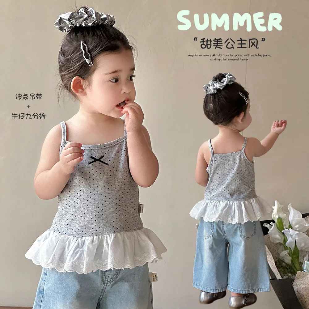 

2026 Baby Girls Summer Polka Dot Camisole Tank Tops Korean Style Sweet Soft Breathable Toddler Kids Daily Casual Wear 0-5Y