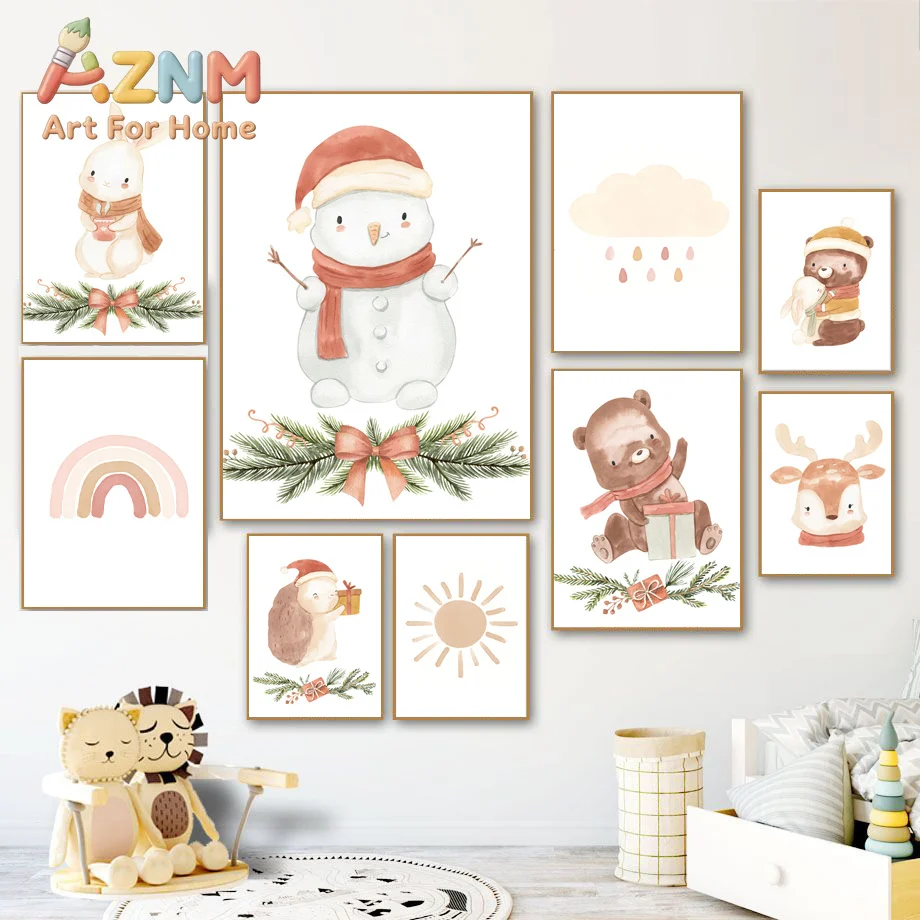 Christmas Gift Snowman Bunny Bear Squirrel Sun Wall Art Canvas Painting Nordic Posters And Prints Wall Pictures Kids Room