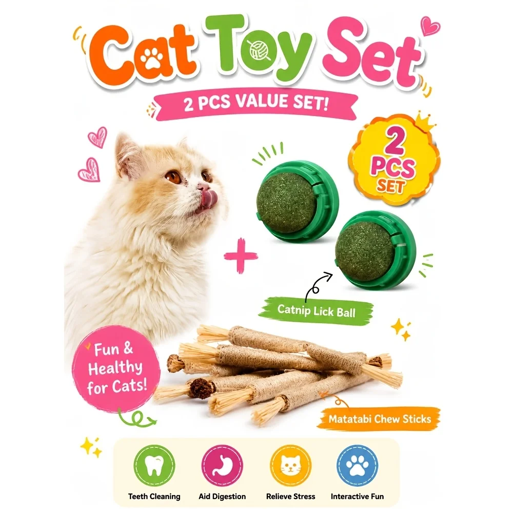 2 Pcs Catnip Wall Ball Silvervine Chew Stick Set Dental Care Digestive Health Stress Relief Toy for Indoor Cats Kittens