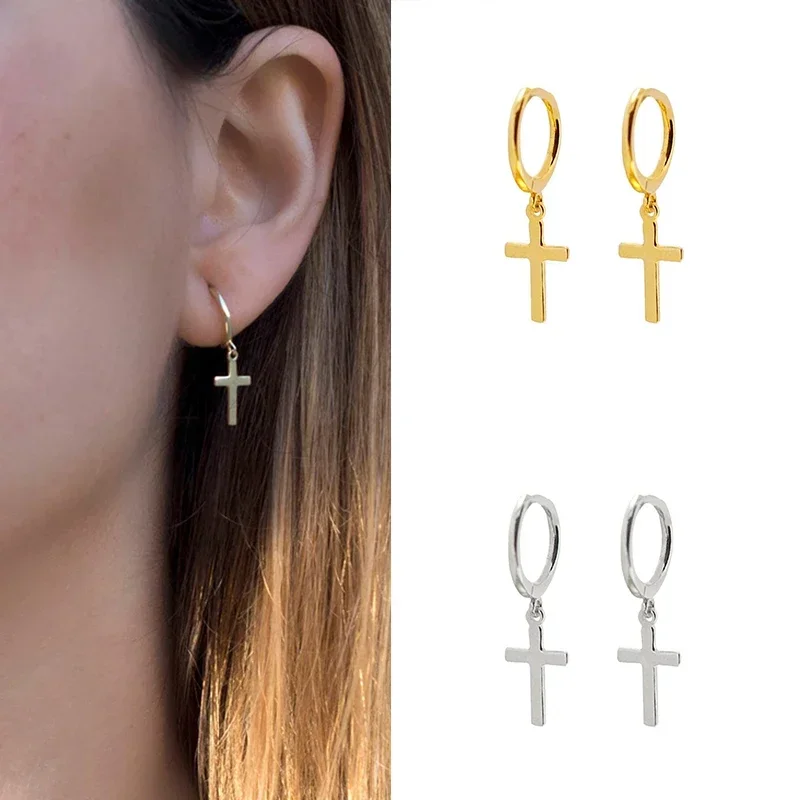 Pendientes minimalistas de Plata de Ley 925 con colgante de cruz de Jesús, aretes de aro dorados y plateados, joyería para fiesta de boda