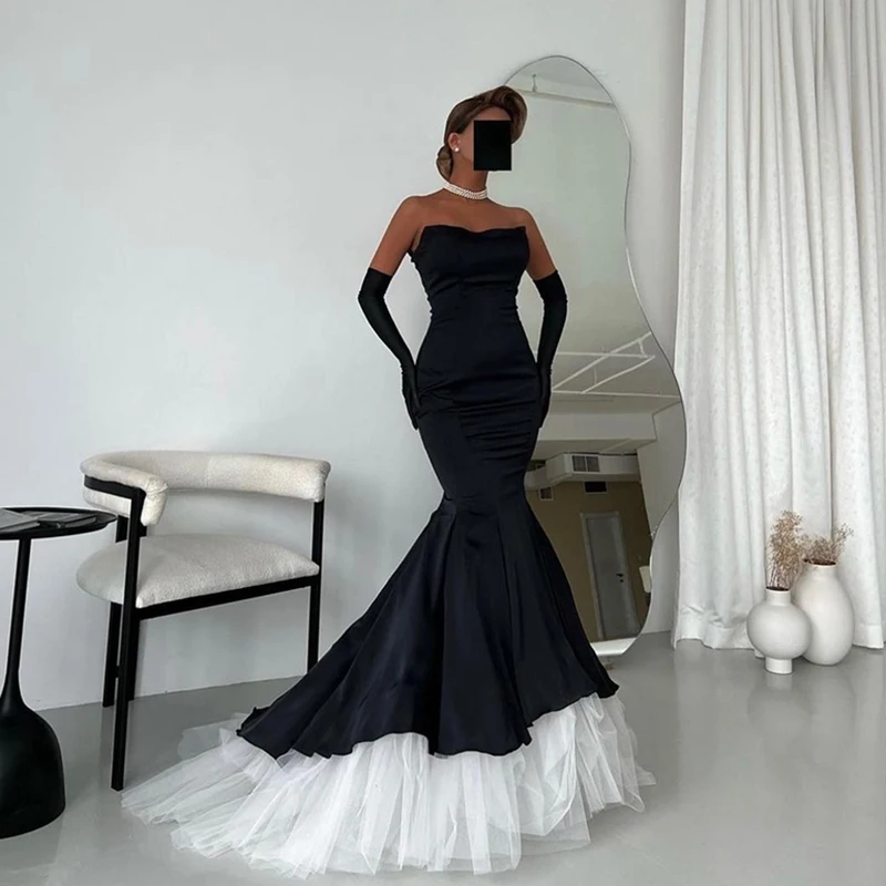 2023 Black Mermaid Prom Dress Strapless Ruffles Satin Tulle Pageant Wear Outfit Graduation Gala Gown Robe De Soiree