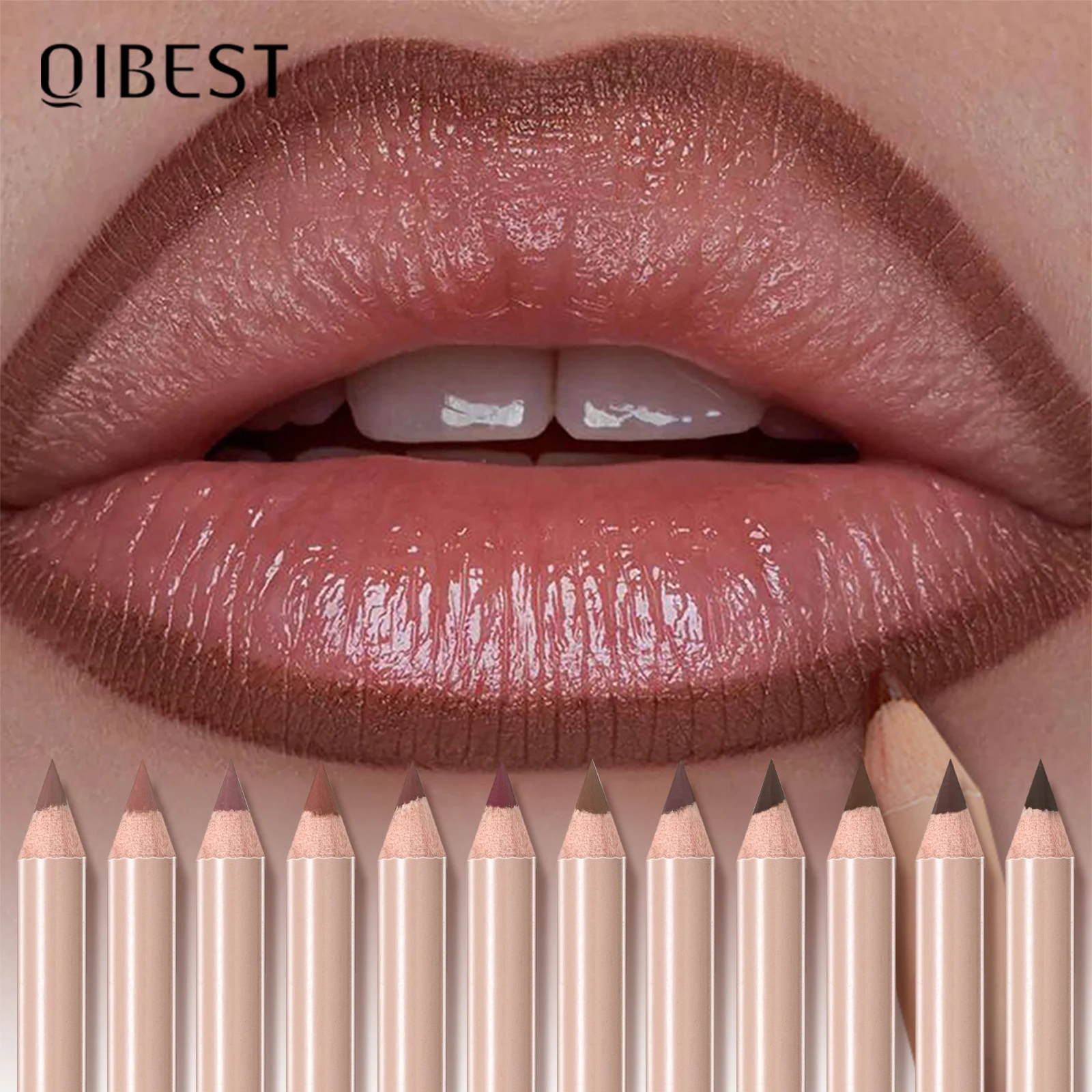 QIBEST 12-Farben-Set aus Naturholz, matt, Lippenstift und Lipliner, Nude, langanhaltendes, wischfestes Lipliner-Set
