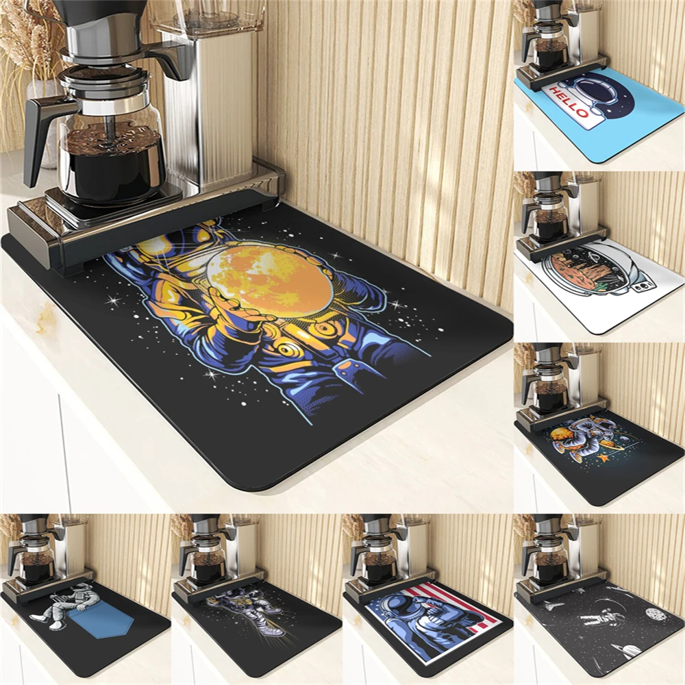 Space Style Diatomaceous Earth Mat Kitchen Silicone Dish Mat Accessories Astronaut Pattern Decoration & Accessories Table Pads